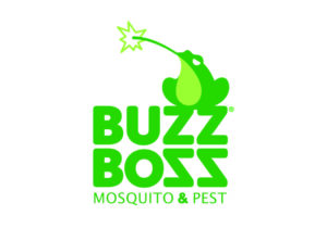 A green frog is on the logo of buzz boss mosquito and pest.